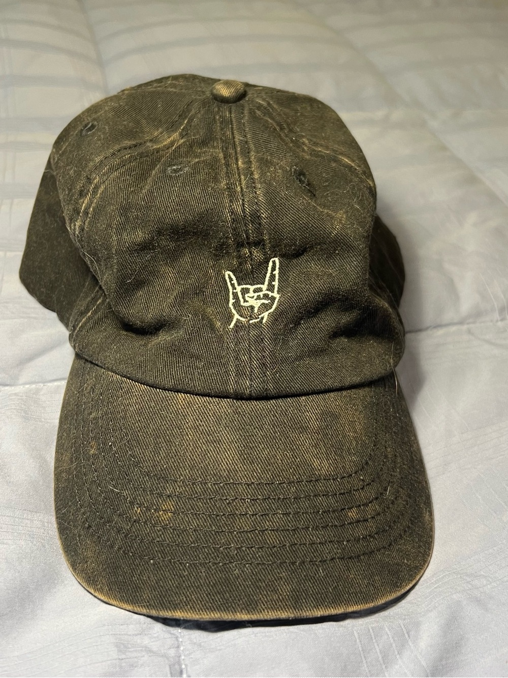 Black Distressed Cotton Baseball Cap with Embroidered Hand-Sign